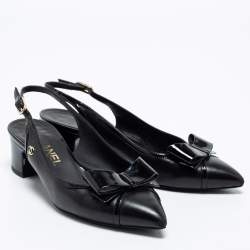 Pre Owned Chanel Black Leather and Patent Bow Slingback Pumps Size 36