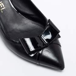 Pre Owned Chanel Black Leather and Patent Bow Slingback Pumps Size 36