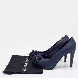Pre Owned Chanel Navy Blue/Black Leather CC Camellia Cap Toe Pumps Size 40.5