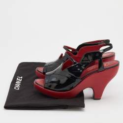 Pre Owned Chanel Black Patent Leather CC Slingback Sandals Size 39