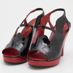 Pre Owned Chanel Black Patent Leather CC Slingback Sandals Size 39