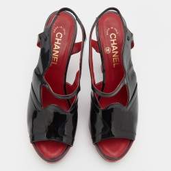 Pre Owned Chanel Black Patent Leather CC Slingback Sandals Size 39