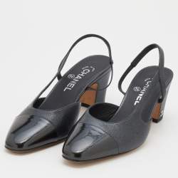 Pre Owned Chanel Metallic Black Leather Cap Toe Slingback Sandals Size 38.5 