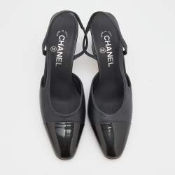 Pre Owned Chanel Metallic Black Leather Cap Toe Slingback Sandals Size 38.5 