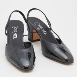 Pre Owned Chanel Metallic Black Leather Cap Toe Slingback Sandals Size 38.5 