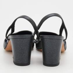 Pre Owned Chanel Metallic Black Leather Cap Toe Slingback Sandals Size 38.5 