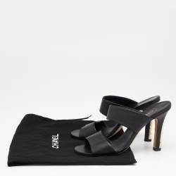 Pre Owned Chanel Black Leather Pearl Embellished Heel Slide Sandals Size 38.5
