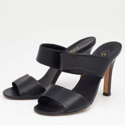 Pre Owned Chanel Black Leather Pearl Embellished Heel Slide Sandals Size 38.5