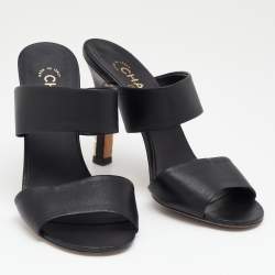 Pre Owned Chanel Black Leather Pearl Embellished Heel Slide Sandals Size 38.5