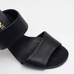 Pre Owned Chanel Black Leather Pearl Embellished Heel Slide Sandals Size 38.5