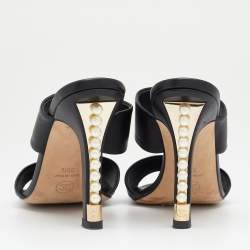 Pre Owned Chanel Black Leather Pearl Embellished Heel Slide Sandals Size 38.5