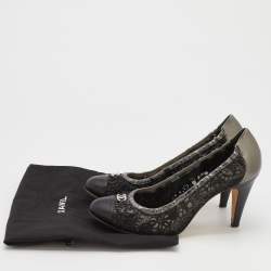 Pre Owned Chanel Metallic Grey/Black Leather And Laser Cut Suede Embellished Pumps Size 38.5