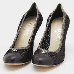 Pre Owned Chanel Metallic Grey/Black Leather And Laser Cut Suede Embellished Pumps Size 38.5