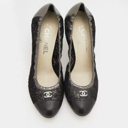 Pre Owned Chanel Metallic Grey/Black Leather And Laser Cut Suede Embellished Pumps Size 38.5