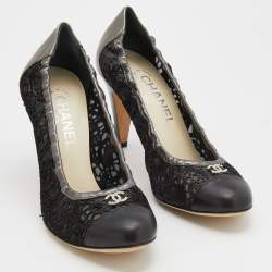 Pre Owned Chanel Metallic Grey/Black Leather And Laser Cut Suede Embellished Pumps Size 38.5