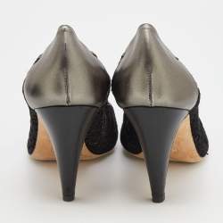 Pre Owned Chanel Metallic Grey/Black Leather And Laser Cut Suede Embellished Pumps Size 38.5