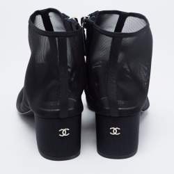 Chanel Black Mesh and Fabric Camellia Ankle Boots Size 38