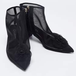 Chanel Black Mesh and Fabric Camellia Ankle Boots Size 38