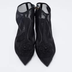 Chanel Black Mesh and Fabric Camellia Ankle Boots Size 38