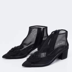 Chanel Black Mesh and Fabric Camellia Ankle Boots Size 38