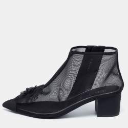 Chanel Black Mesh and Fabric Camellia Ankle Boots Size 38