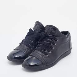 Pre Owned Chanel Black Patent And Leather Low Top Sneakers Size 37.5