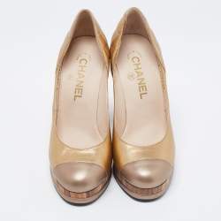 Chanel Gold Quilted Leather Cap Toe Platform Block Heel Pumps Size 36.5