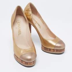 Chanel Gold Quilted Leather Cap Toe Platform Block Heel Pumps Size 36.5