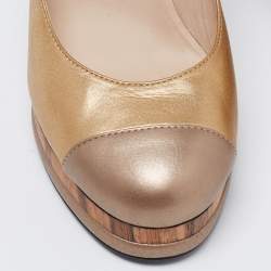 Chanel Gold Quilted Leather Cap Toe Platform Block Heel Pumps Size 36.5