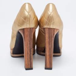 Chanel Gold Quilted Leather Cap Toe Platform Block Heel Pumps Size 36.5