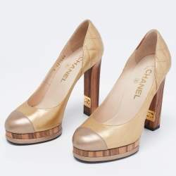 Chanel Gold Quilted Leather Cap Toe Platform Block Heel Pumps Size 36.5
