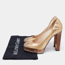 Chanel Gold Quilted Leather Cap Toe Platform Block Heel Pumps Size 36.5