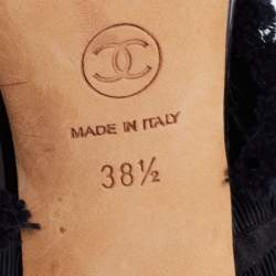 Pre Owned Chanel Black Satin and Fabric Ruffle Trim Bow Ankle Strap Sandals Size 38.5