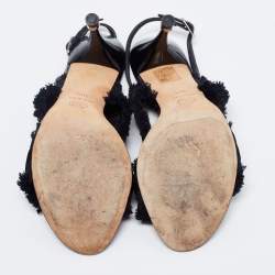 Pre Owned Chanel Black Satin and Fabric Ruffle Trim Bow Ankle Strap Sandals Size 38.5