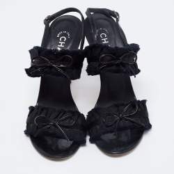 Pre Owned Chanel Black Satin and Fabric Ruffle Trim Bow Ankle Strap Sandals Size 38.5