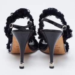 Pre Owned Chanel Black Satin and Fabric Ruffle Trim Bow Ankle Strap Sandals Size 38.5