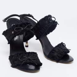 Pre Owned Chanel Black Satin and Fabric Ruffle Trim Bow Ankle Strap Sandals Size 38.5