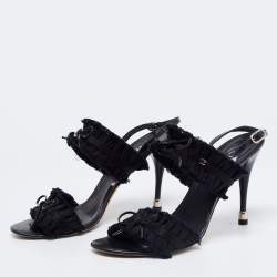 Chanel Black Satin and Fabric Ruffle Trim Bow Ankle Strap Sandals Size 38.5  Chanel