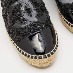 مملوكة مسبقًا Chanel Black Sequin and Patent Leather CC Espadrilles Size 39