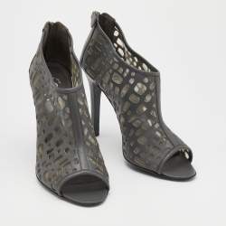 Chanel Grey Laser Cut Leather and Mesh Booties Size 39.5