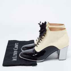 Chanel Black/Beige Patent Leather Bow Lace-Up Ankle Boots Size 40