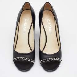 Pre Owned Chanel Black Leather CC Chain Link Detail Open Toe Pumps Size 37