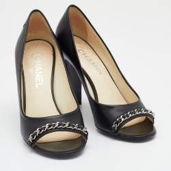 Pre Owned Chanel Black Leather CC Chain Link Detail Open Toe Pumps Size 37