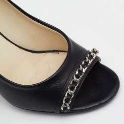 Pre Owned Chanel Black Leather CC Chain Link Detail Open Toe Pumps Size 37