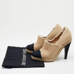 Chanel Beige/Black Canvas CC Cap Toe Espadrille Booties Size 37