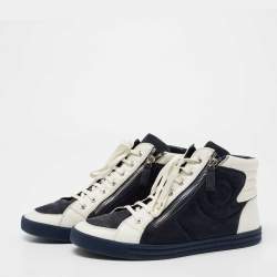 Pre Owned Chanel  NavyBlue/White Suede And Leather CC Double Zip Accent High Top Sneakers Size 39.5