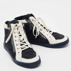 Pre Owned Chanel  NavyBlue/White Suede And Leather CC Double Zip Accent High Top Sneakers Size 39.5