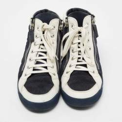 Chanel  NavyBlue/White Suede And Leather CC Double Zip Accent High Top Sneakers Size 39.5