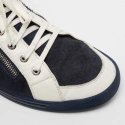 Pre Owned Chanel  NavyBlue/White Suede And Leather CC Double Zip Accent High Top Sneakers Size 39.5
