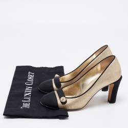 Chanel Gold/Black Glitter Suede and Fabric CC Pearl Cap Toe Pumps Size 35.5